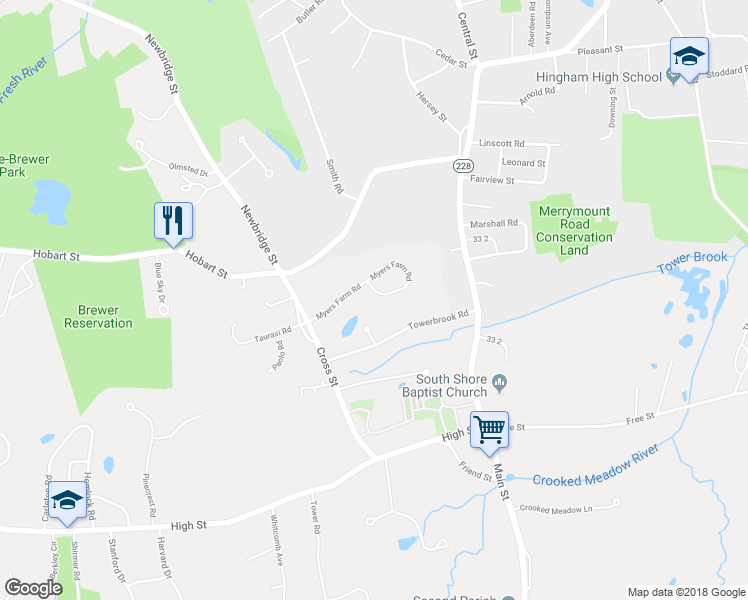 map of restaurants, bars, coffee shops, grocery stores, and more near 21 Myers Farm Road in Hingham