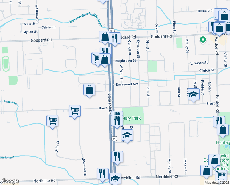 map of restaurants, bars, coffee shops, grocery stores, and more near 11719 Telegraph Road in Taylor