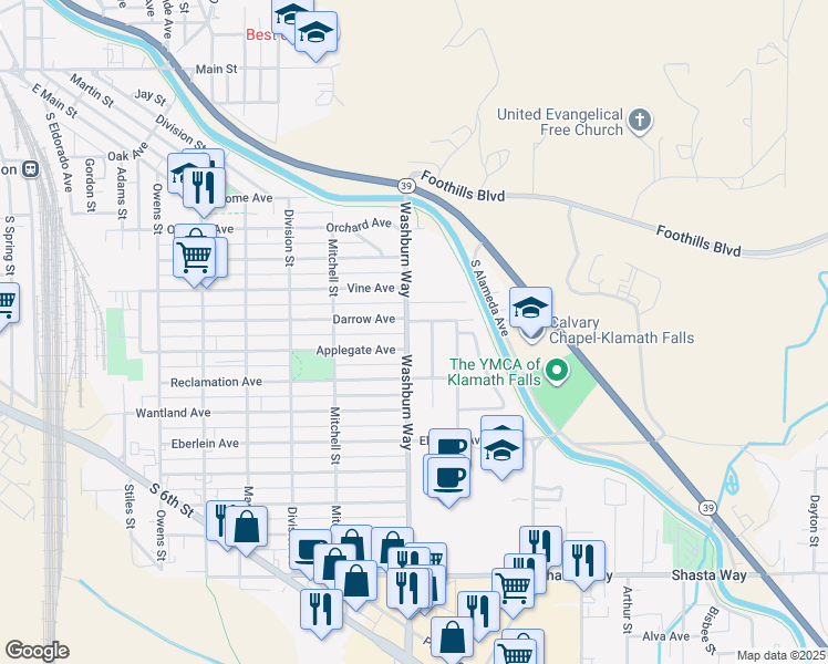 map of restaurants, bars, coffee shops, grocery stores, and more near 917 Washburn Way in Klamath Falls