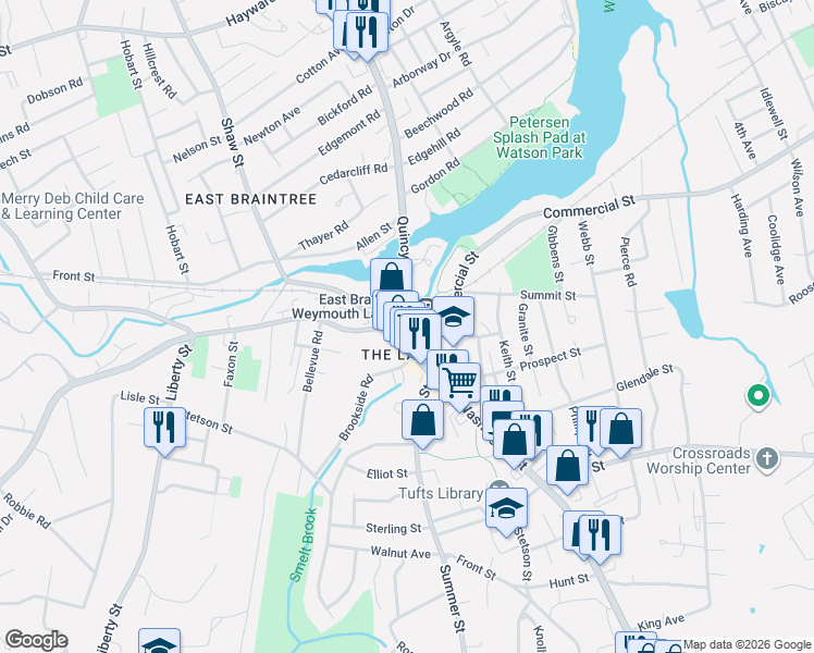 map of restaurants, bars, coffee shops, grocery stores, and more near 25 Commercial Street in Braintree