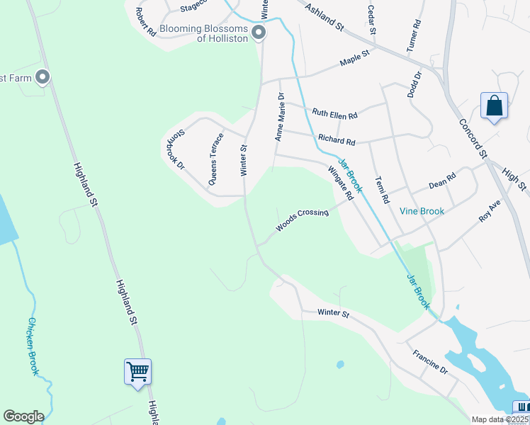map of restaurants, bars, coffee shops, grocery stores, and more near 20 Woods Crossing in Holliston