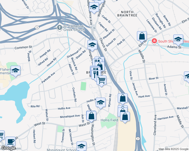 map of restaurants, bars, coffee shops, grocery stores, and more near 339 Washington Street in Braintree