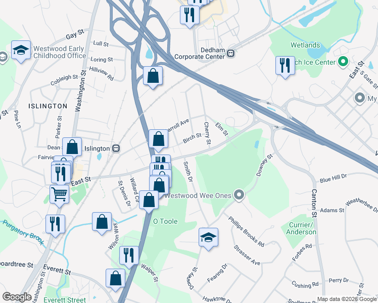 map of restaurants, bars, coffee shops, grocery stores, and more near 265 East Street in Westwood