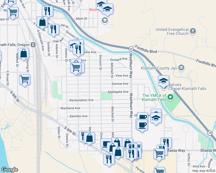 map of restaurants, bars, coffee shops, grocery stores, and more near 2345 Applegate Avenue in Klamath Falls