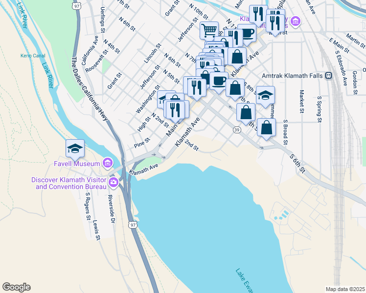 map of restaurants, bars, coffee shops, grocery stores, and more near Klamath Ave in Klamath Falls