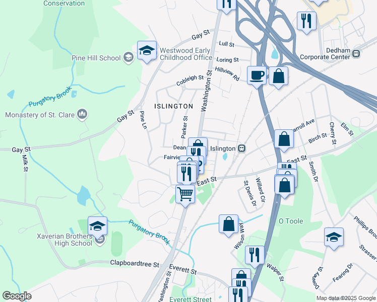 map of restaurants, bars, coffee shops, grocery stores, and more near 19 Fairview Street in Westwood