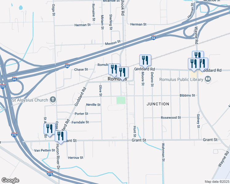 map of restaurants, bars, coffee shops, grocery stores, and more near 36500 Bibbins Street in Romulus