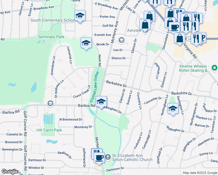 map of restaurants, bars, coffee shops, grocery stores, and more near 7504 McHenry Avenue in Crystal Lake
