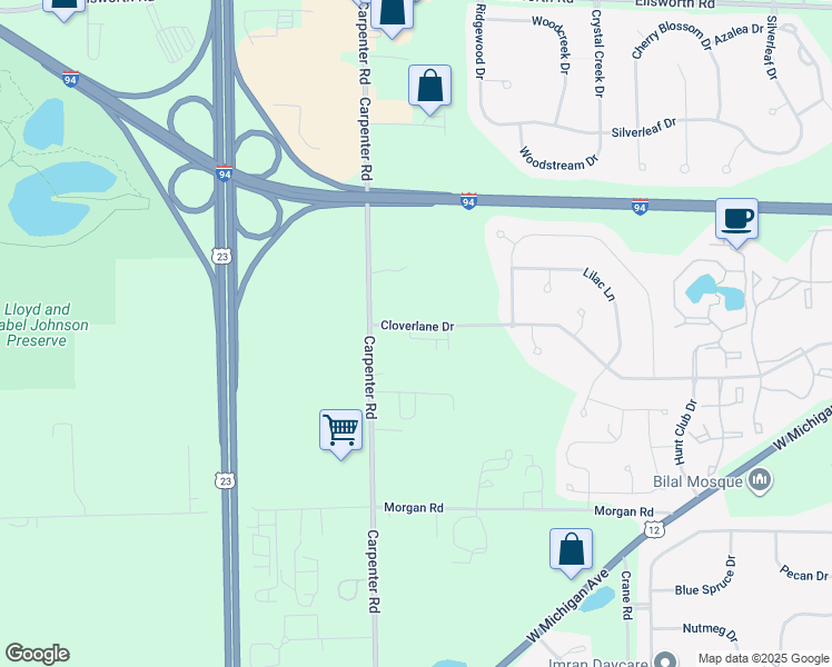 map of restaurants, bars, coffee shops, grocery stores, and more near 3901 Cloverlane Drive in Ypsilanti