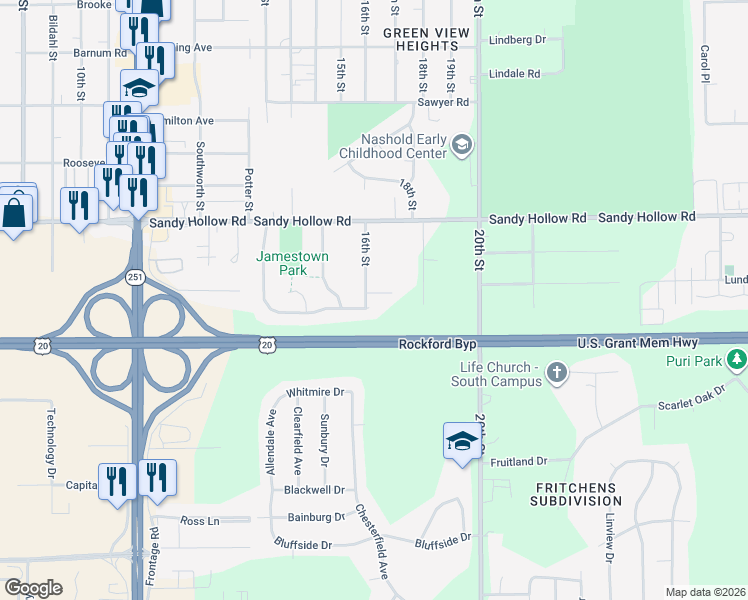 map of restaurants, bars, coffee shops, grocery stores, and more near 2113 Jamestown Drive in Rockford