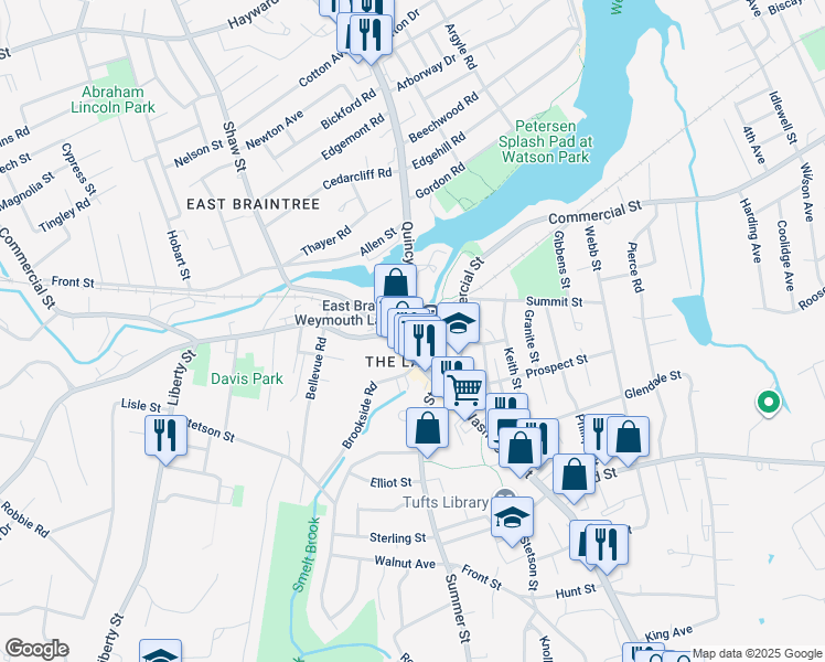 map of restaurants, bars, coffee shops, grocery stores, and more near 42 Commercial Street in Braintree