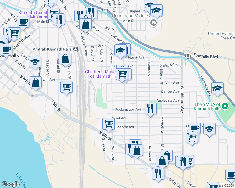 map of restaurants, bars, coffee shops, grocery stores, and more near 2024 Darrow Avenue in Klamath Falls