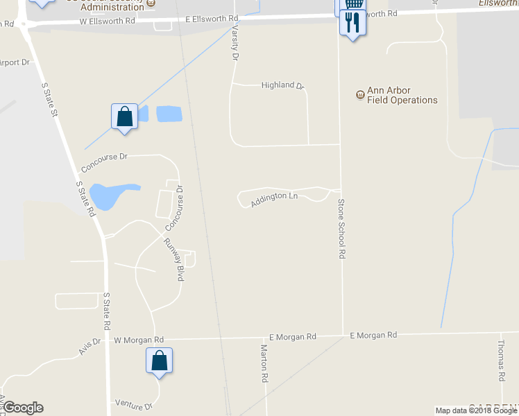 map of restaurants, bars, coffee shops, grocery stores, and more near 1015 Addington Lane in Ann Arbor
