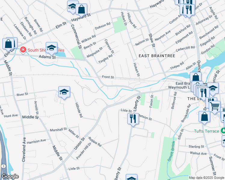 map of restaurants, bars, coffee shops, grocery stores, and more near 298 Commercial Street in Braintree