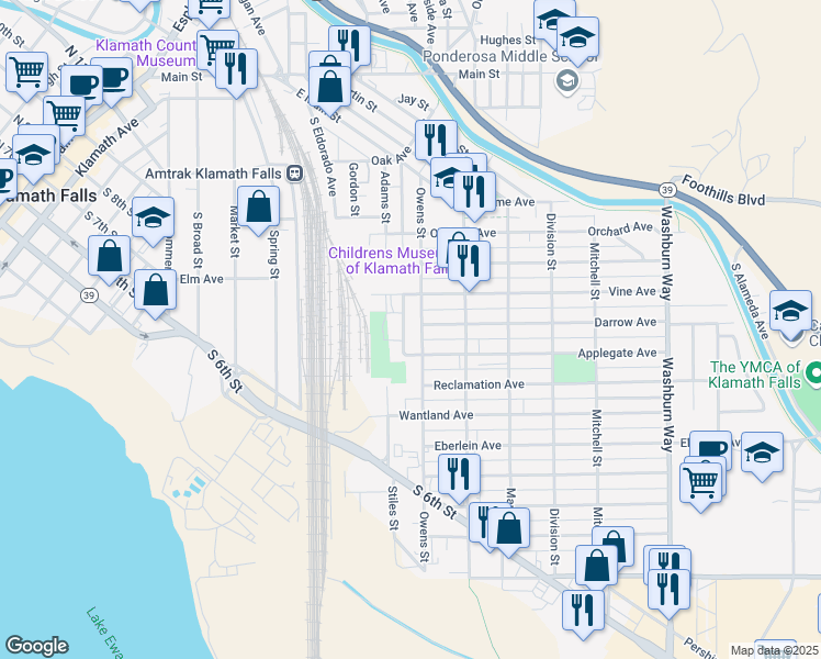 map of restaurants, bars, coffee shops, grocery stores, and more near 930 Owens Street in Klamath Falls