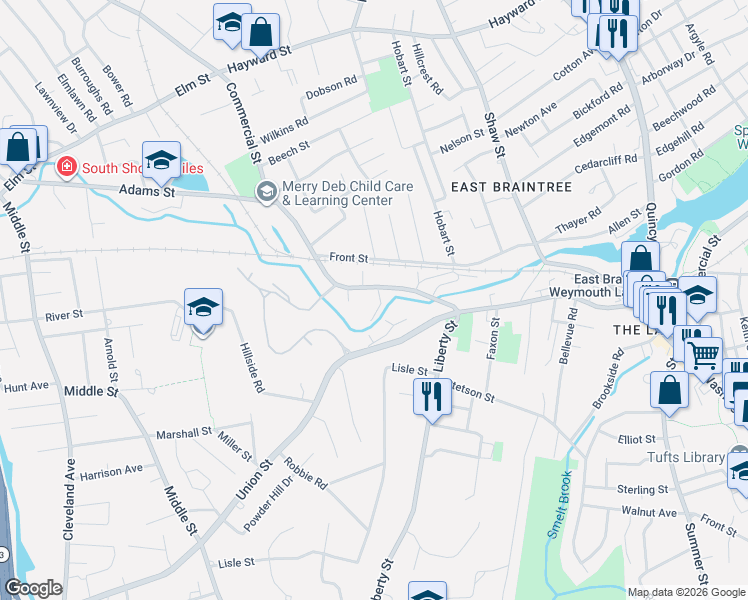 map of restaurants, bars, coffee shops, grocery stores, and more near 1 Commercial Court in Braintree