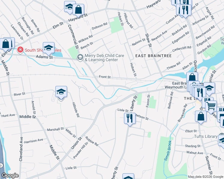 map of restaurants, bars, coffee shops, grocery stores, and more near 1 Commercial Court in Braintree