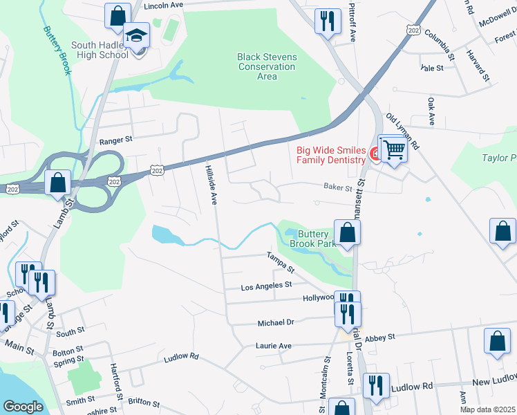 map of restaurants, bars, coffee shops, grocery stores, and more near 22 Hillside Avenue in South Hadley