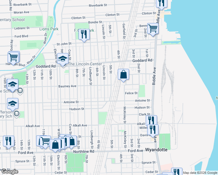 map of restaurants, bars, coffee shops, grocery stores, and more near 1246 5th Street in Wyandotte
