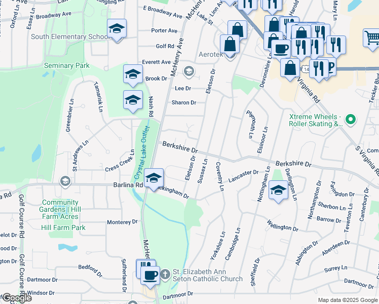 map of restaurants, bars, coffee shops, grocery stores, and more near 732 Sussex Lane in Crystal Lake