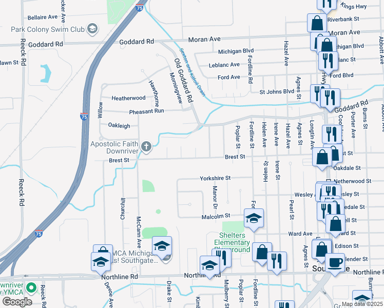 map of restaurants, bars, coffee shops, grocery stores, and more near 14894 Brest Street in Southgate