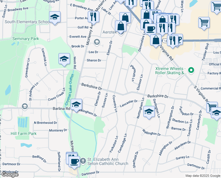 map of restaurants, bars, coffee shops, grocery stores, and more near 355 Berkshire Drive in Crystal Lake