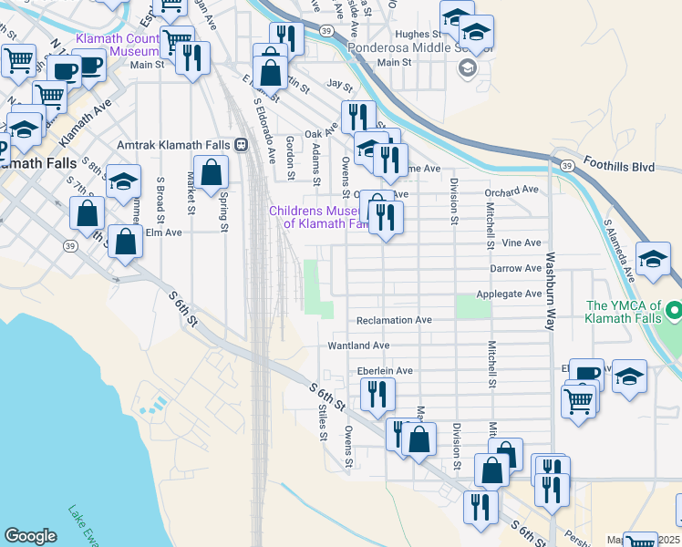 map of restaurants, bars, coffee shops, grocery stores, and more near 900 Owens Street in Klamath Falls