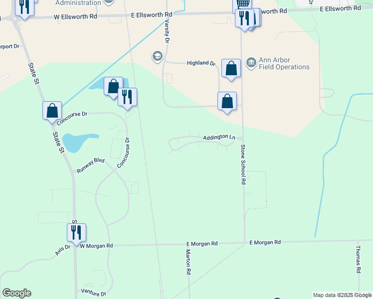 map of restaurants, bars, coffee shops, grocery stores, and more near 975 Addington Lane in Ann Arbor