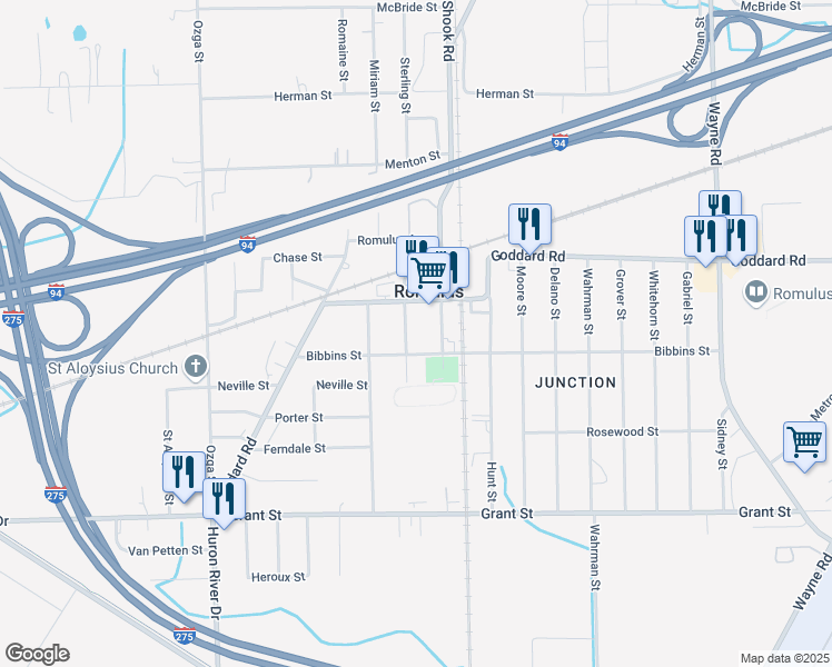 map of restaurants, bars, coffee shops, grocery stores, and more near 36500 Bibbins Street in Romulus