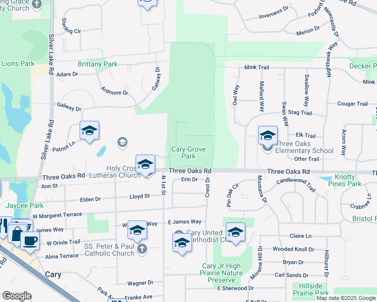 map of restaurants, bars, coffee shops, grocery stores, and more near North 1st Street in Cary