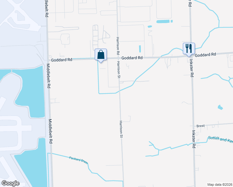 map of restaurants, bars, coffee shops, grocery stores, and more near 11380 Harrison Street in Romulus