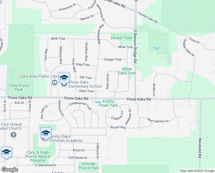 map of restaurants, bars, coffee shops, grocery stores, and more near 1001 Acorn Way in Cary