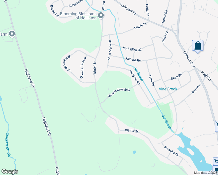 map of restaurants, bars, coffee shops, grocery stores, and more near 20 Woods Crossing in Holliston