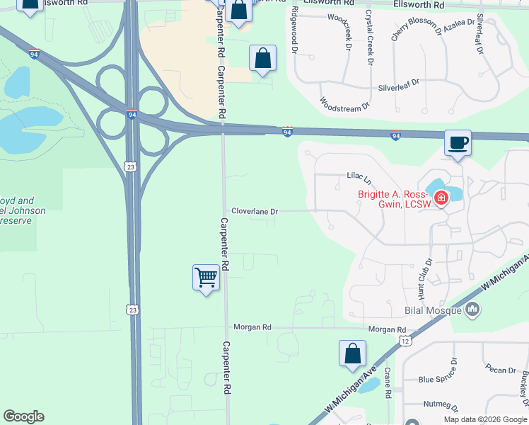 map of restaurants, bars, coffee shops, grocery stores, and more near 4012 Cloverlane Drive in Ypsilanti