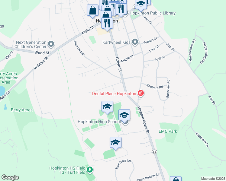 map of restaurants, bars, coffee shops, grocery stores, and more near 3 Leonard Street in Hopkinton