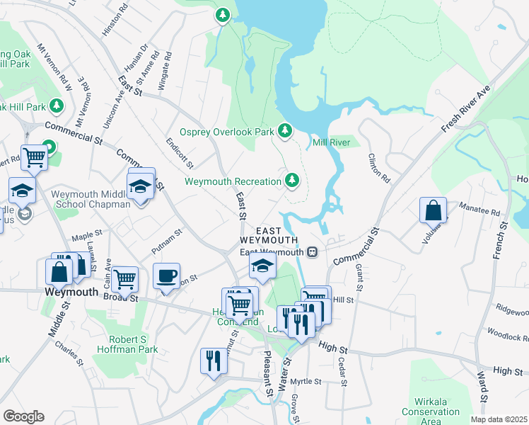 map of restaurants, bars, coffee shops, grocery stores, and more near 16 Depot Street in Weymouth