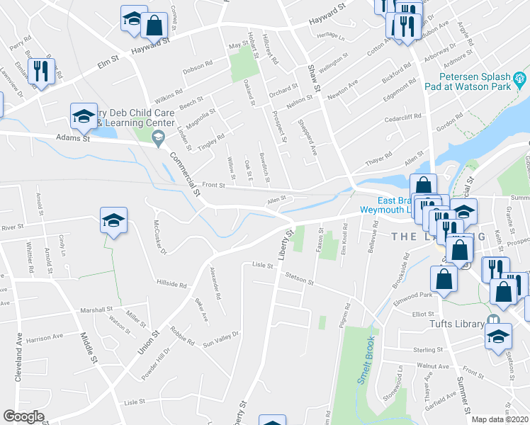 map of restaurants, bars, coffee shops, grocery stores, and more near 706 Union Street in Braintree