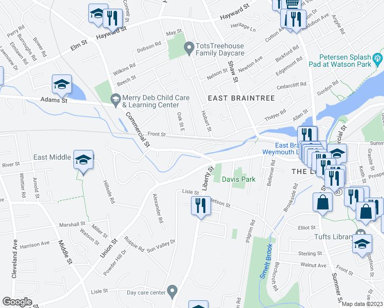 map of restaurants, bars, coffee shops, grocery stores, and more near 706 Union Street in Braintree