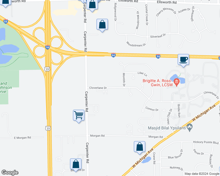 map of restaurants, bars, coffee shops, grocery stores, and more near 3901 Cloverlane Drive in Ypsilanti