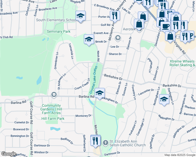 map of restaurants, bars, coffee shops, grocery stores, and more near 746 McHenry Avenue in Crystal Lake