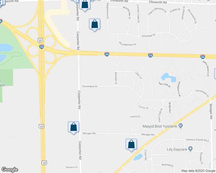 map of restaurants, bars, coffee shops, grocery stores, and more near 4275 Cloverlane Drive in Ypsilanti