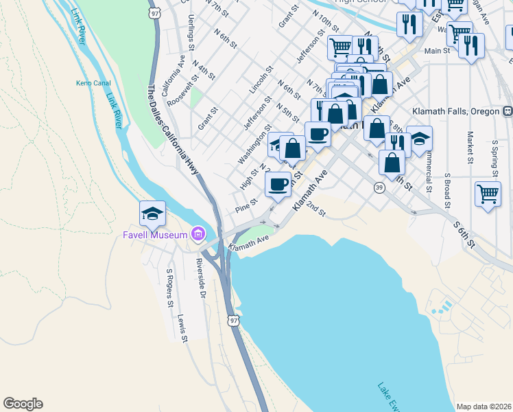 map of restaurants, bars, coffee shops, grocery stores, and more near 39 Main Street in Klamath Falls