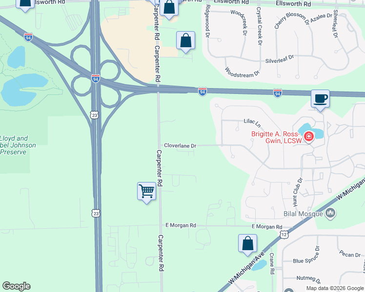map of restaurants, bars, coffee shops, grocery stores, and more near 4661 Carpenter Road in Ypsilanti