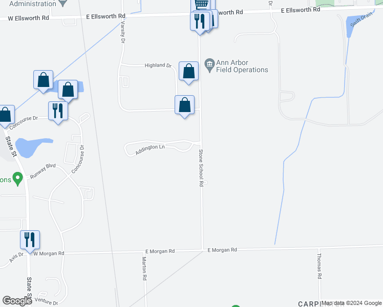 map of restaurants, bars, coffee shops, grocery stores, and more near 535 Addington Lane in Ann Arbor
