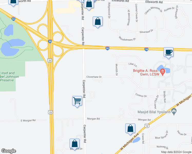 map of restaurants, bars, coffee shops, grocery stores, and more near 3924 Cloverlane Drive in Ypsilanti