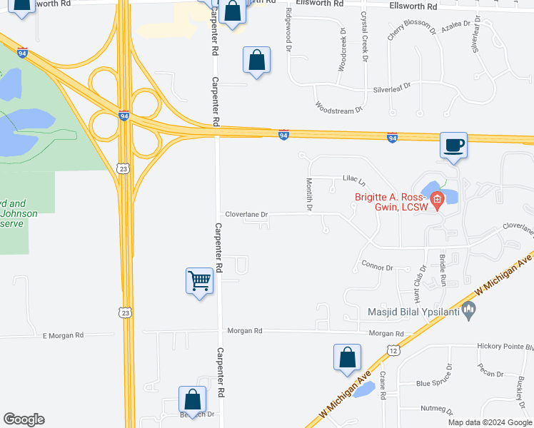map of restaurants, bars, coffee shops, grocery stores, and more near 4032 Cloverlane Drive in Ypsilanti