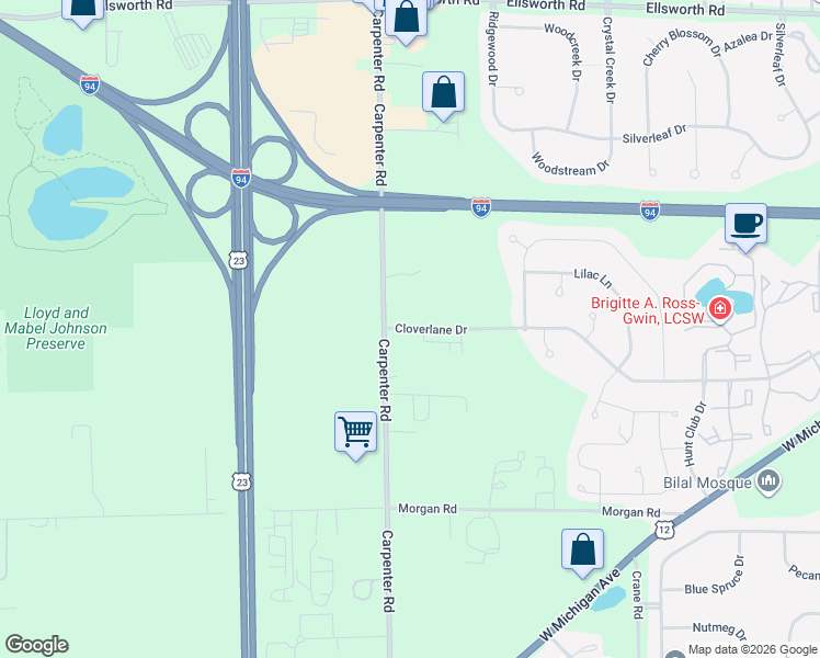 map of restaurants, bars, coffee shops, grocery stores, and more near 3928 Cloverlane Drive in Ypsilanti