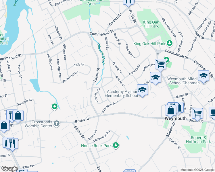 map of restaurants, bars, coffee shops, grocery stores, and more near 51 Oak Ridge Circle in Weymouth