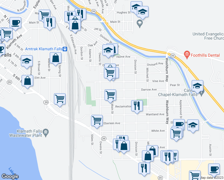 map of restaurants, bars, coffee shops, grocery stores, and more near 898 East Main Street in Klamath Falls