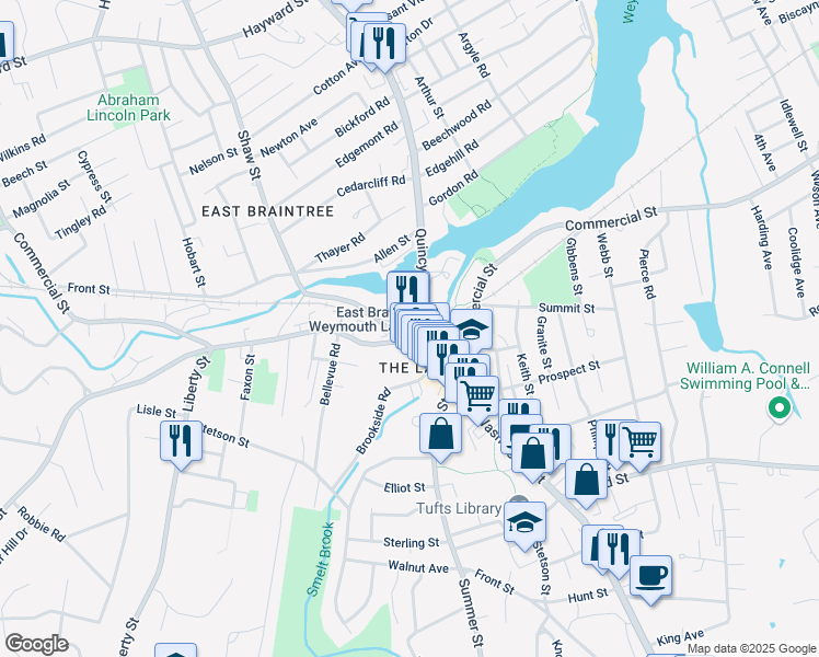 map of restaurants, bars, coffee shops, grocery stores, and more near 35 Commercial Street in Braintree